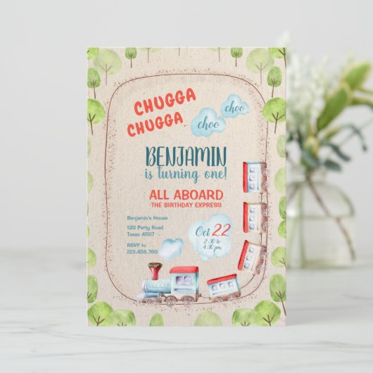 Chugga Train Choo Boy Red Blue Einladung (Stehend Vorderseite)