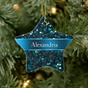 Chunky Blue Aqua Glitz Glitzer Weihnachtsname Keramik Ornament