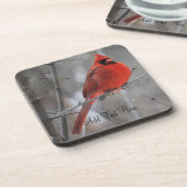 Chunky Bright Red Male Kardinal im Winterschnee Getränkeuntersetzer (Linke Seite)