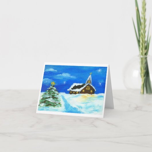 Church Christmas Tree Landscape Art Snow Stars Feiertagskarte (Vorderseite)
