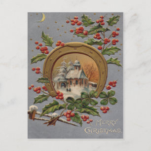 Church Holly Christmas Tree Gold Horseshoe Feiertagspostkarte