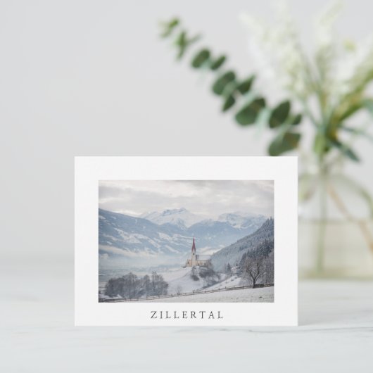 Church in Zillertal in winter white text postcard Postkarte (Stehend Vorderseite)