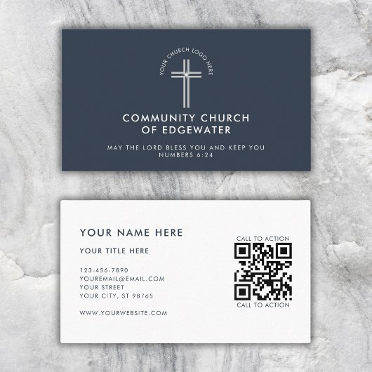 Church Pastor Modern QR Code Custom Logo Navy Visitenkarte