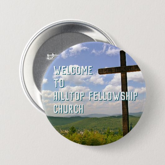 Church Welcome Button Wooden Cross Custom Text (Vorne & Hinten)
