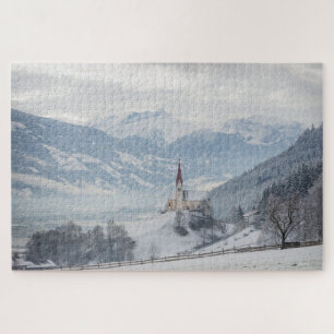 Church with Alps in Zillertal, Austria in winter Puzzle