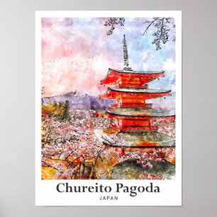 Chureito Pagode Japan Reise Wasserfarbe Handgezeic Poster