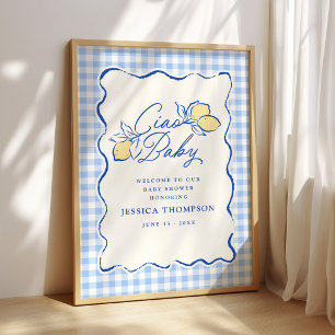 Ciao Baby Amalfi Zitronen Blau Gingham Babyparty Poster