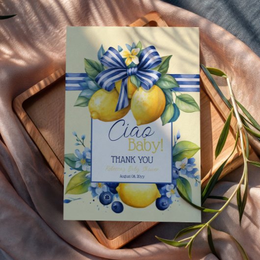 Ciao Baby Blue Bow Tile Lemon Baby Shower Dankeskarte