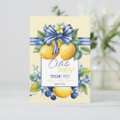 Ciao Baby Blue Bow Tile Lemon Baby Shower Dankeskarte (Stehend Vorderseite)