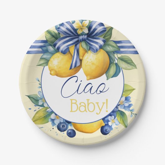 Ciao Baby Blue Bow Tile Lemon Babydusche Pappteller (Vorderseite)