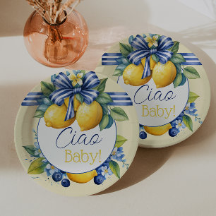 Ciao Baby Blue Bow Tile Lemon Babydusche Pappteller