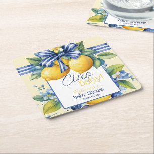 Ciao Baby Blue Bow Tile Lemon Babydusche Rechteckiger Pappuntersetzer