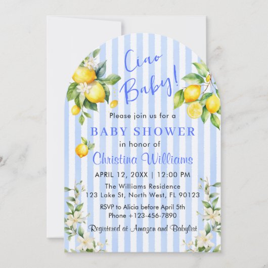 Ciao Baby Blue Citrus Lemon Baby Shower Invitation Einladung (Vorderseite)