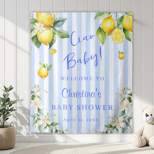 Ciao Baby Blue Citrus Lemons Baby Shower Backdrop Wandteppich