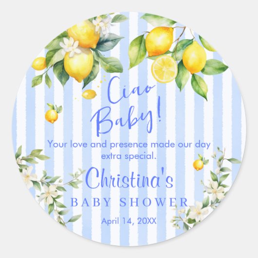 Ciao Baby Blue Stripe Lemon Baby Shower Thank you Runder Aufkleber (Vorderseite)