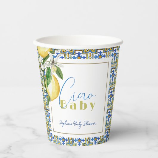 Ciao Baby Blue Tile Citrus Lemon Babydusche Pappbecher (Vorderseite)