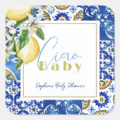Ciao Baby Blue Tile Citrus Lemon Babydusche Quadratischer Aufkleber (Vorderseite)