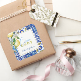 Ciao Baby Blue Tile Citrus Lemon Babydusche Quadratischer Aufkleber