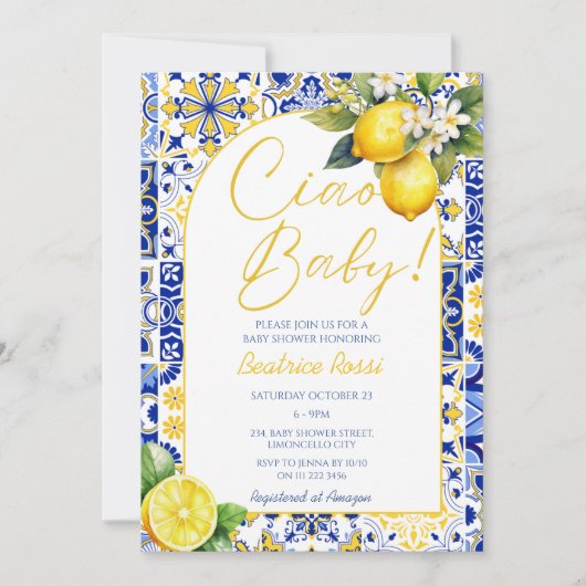 Ciao Baby Blue Tiles Lemon Amalfi Arch Baby Dusche Einladung (Vorderseite)