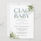 Ciao Baby Dusty Blue Greenerity Letter Baby Shower Einladung (Vorderseite)