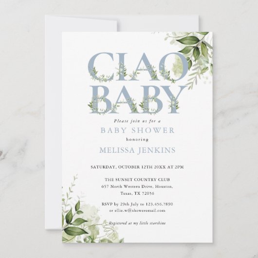 Ciao Baby Dusty Blue Greenerity Letter Baby Shower Einladung (Vorderseite)