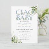Ciao Baby Dusty Blue Greenerity Letter Baby Shower Einladung (Stehend Vorderseite)