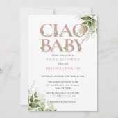 Ciao Baby Dusty Rose Pink Greenery Baby Dusche Einladung (Vorderseite)