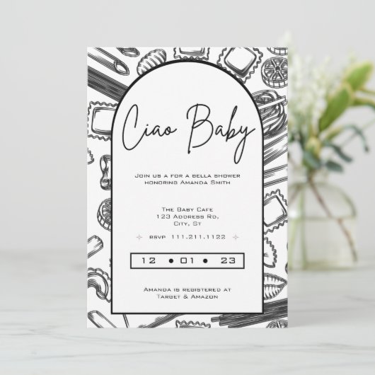 "Ciao Baby" Ein Baby mit italienischer Pasta koche Einladung (Stehend Vorderseite)