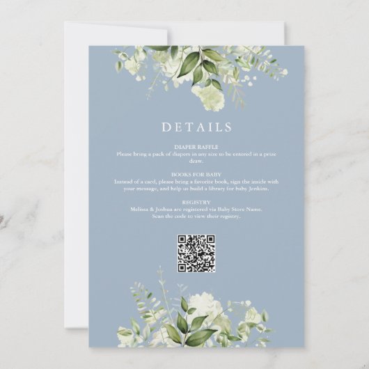 Ciao Baby Floral All in one Dusty Blue Baby Dusche Einladung (Rückseite)