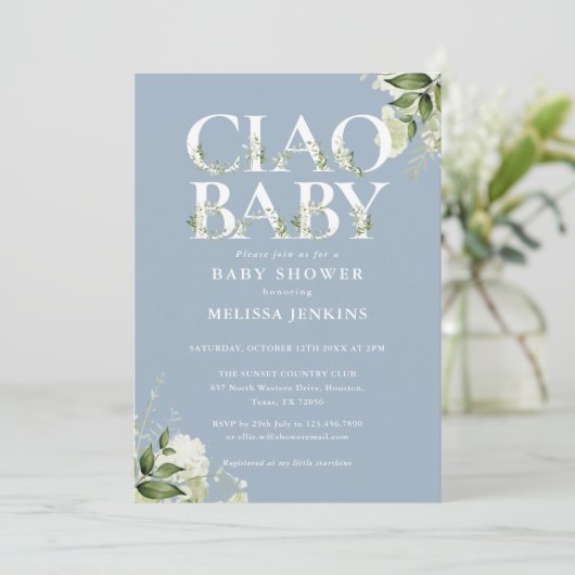 Ciao Baby Greenerity Letter Dusty Blue Baby Shower Einladung (Stehend Vorderseite)