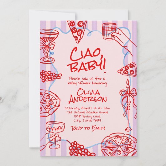 Ciao Baby Handgezogene Pizza Italienische Fun Baby Einladung (Vorderseite)