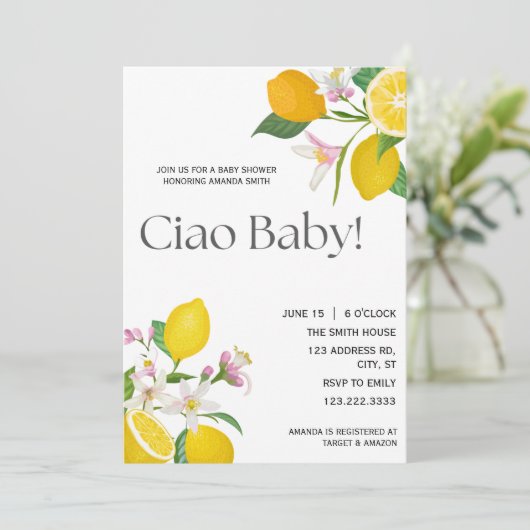 "Ciao Baby" Hübsche italienische Zitronen und Blum Einladung (Stehend Vorderseite)