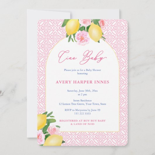 Ciao Baby Italienisch Inspiriert Lemons Pink Baby Einladung (Vorderseite)