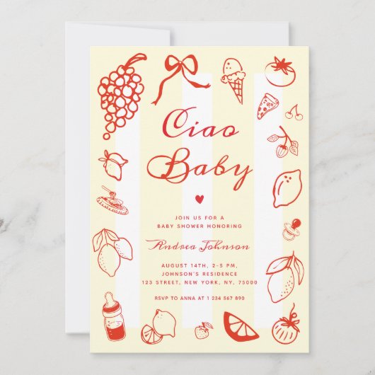 Ciao Baby Italienische Handgezogene Lemon Babydusc Einladung (Vorderseite)