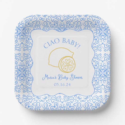 Ciao Baby! Lemon Blue Italian Baby Dusche Pappteller (Vorderseite)