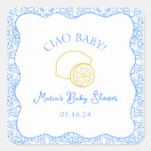 Ciao Baby! Lemon Blue Italian Baby Dusche Quadratischer Aufkleber (Vorderseite)