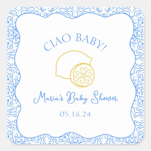 Ciao Baby! Lemon Blue Italian Baby Dusche Quadratischer Aufkleber (Vorderseite)