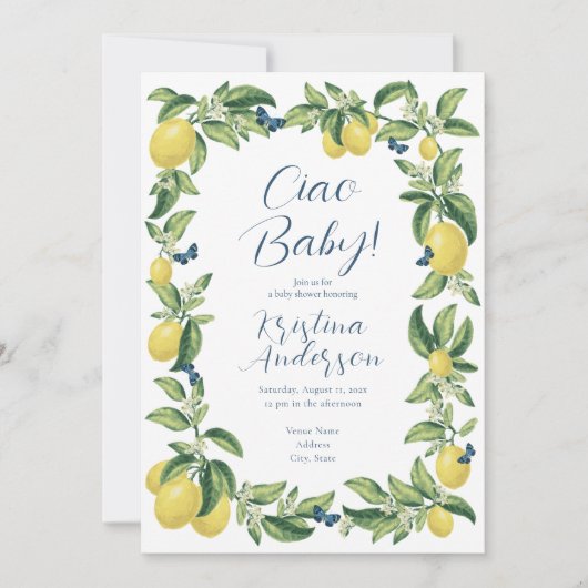 Ciao Baby Lemon Citrus Butterfly Babydusche Einladung (Vorderseite)