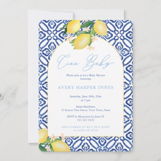 Ciao Baby Lemons Baby Dusche Party für Jungen Einladung (Vorderseite)