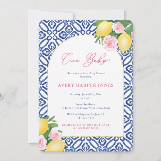 Ciao Baby Lemons Pink Cobalt Blue Girl Baby Dusche Einladung (Vorderseite)