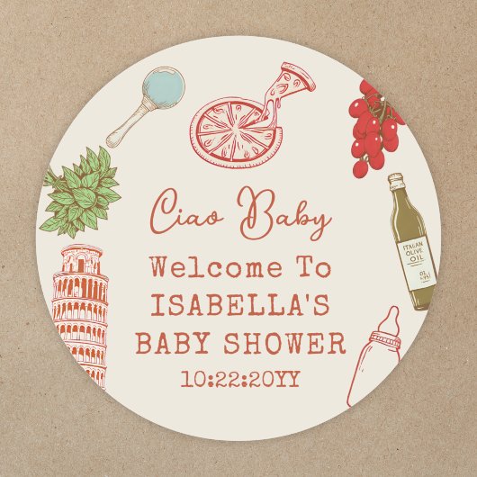 Ciao Baby Line Art Italian Pizza Baby Shower Runder Aufkleber