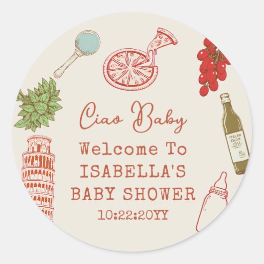 Ciao Baby Line Art Italian Pizza Baby Shower Runder Aufkleber (Vorderseite)