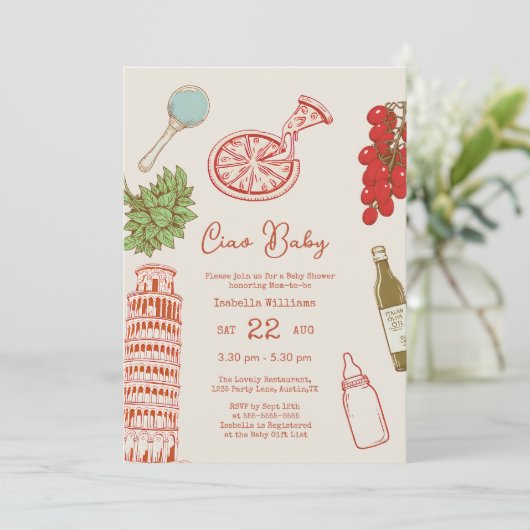 Ciao Baby Line Art Pizza All In One Baby Shower Einladung (Stehend Vorderseite)