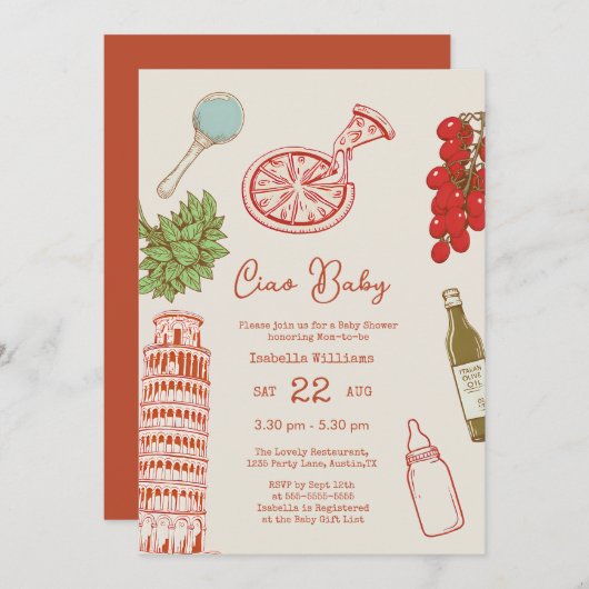 Ciao Baby Line Work Italian Pizza Baby Shower Einladung (Vorne/Hinten)