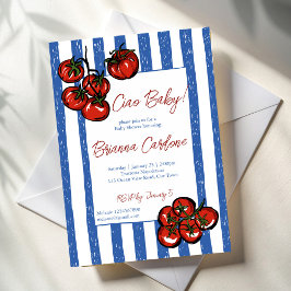 Ciao baby tomato blue stripes Italian baby shower Einladung