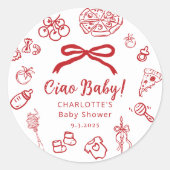 Ciao Baby Whimsical Red Bow Baby Shower Runder Aufkleber (Vorderseite)