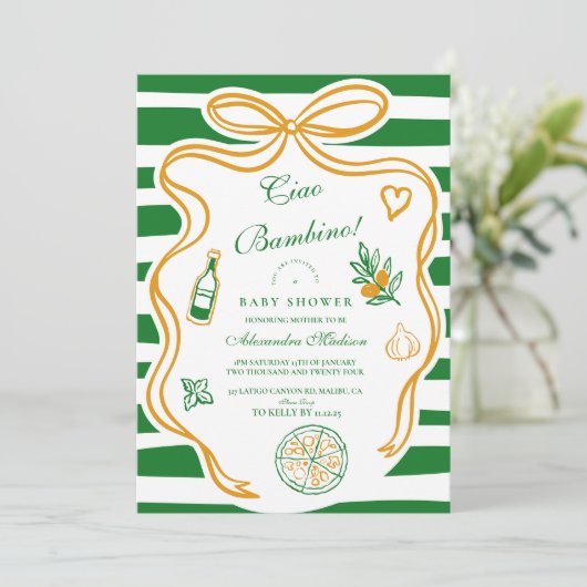 Ciao Bambino Green Italian Baby Shower Einladung (Stehend Vorderseite)