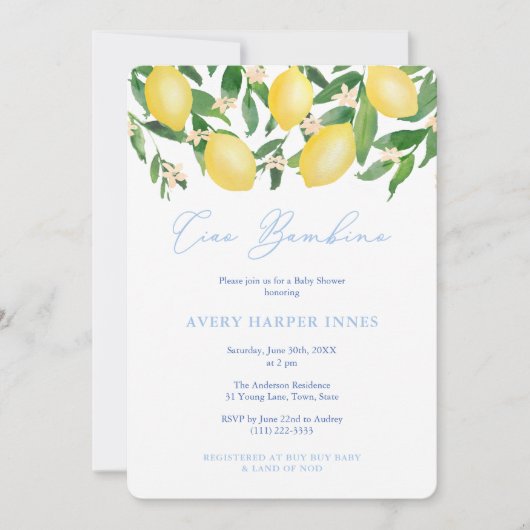 Ciao Bambino Italian Lemons Boy Baby ShowParty Einladung (Vorderseite)