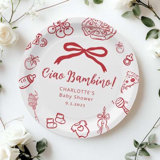 Ciao Bambino Pizza Whimsical Bow Baby Shower Pappteller