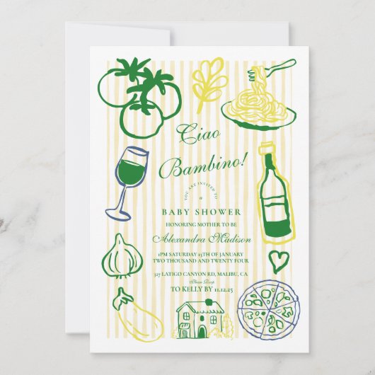 Ciao Bambino Yellow Stripe Baby Dusche Einladung (Vorderseite)
